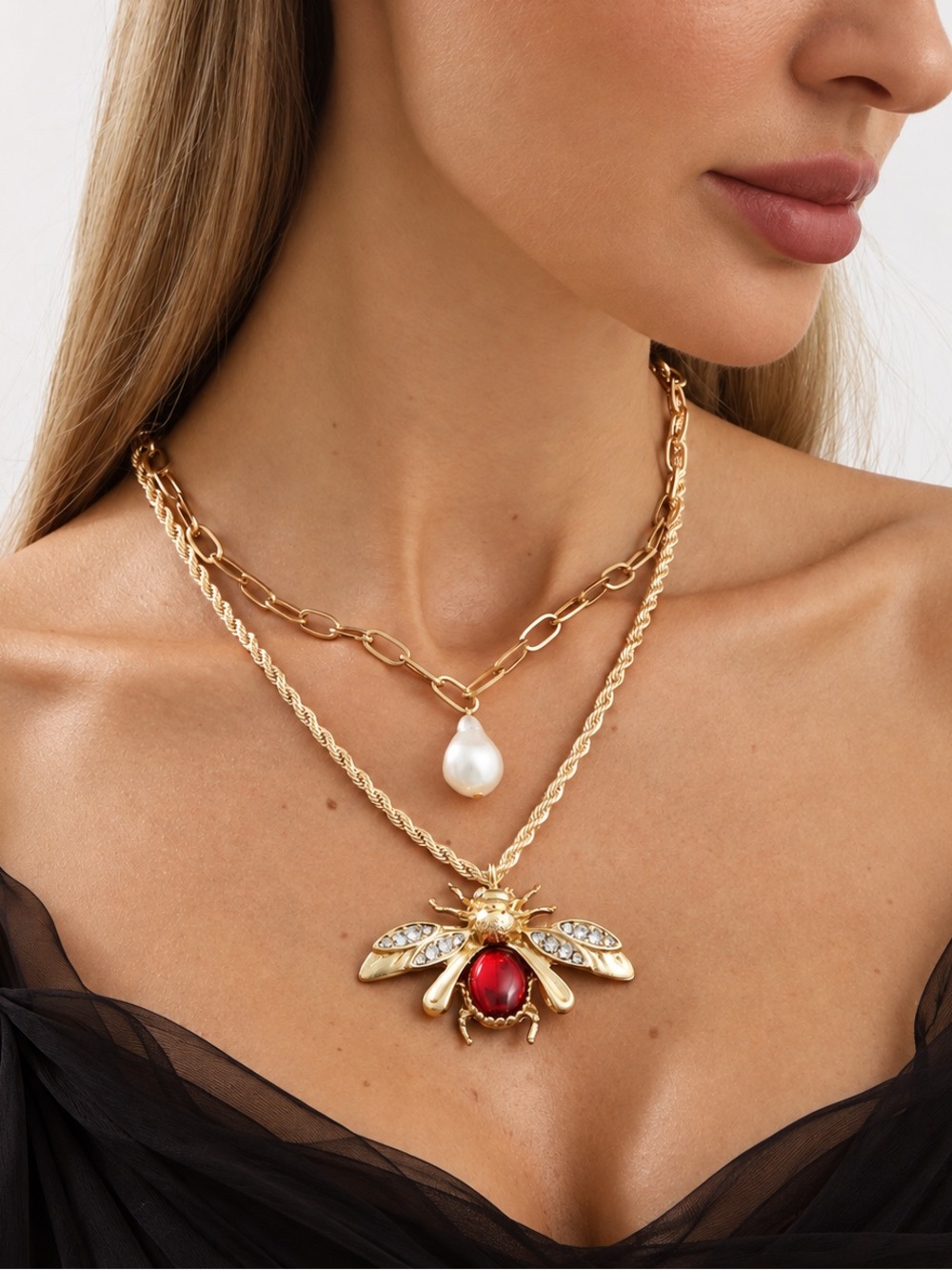 Gold-tone Bee Pendant Necklace with Red Gem and Pearl Accent